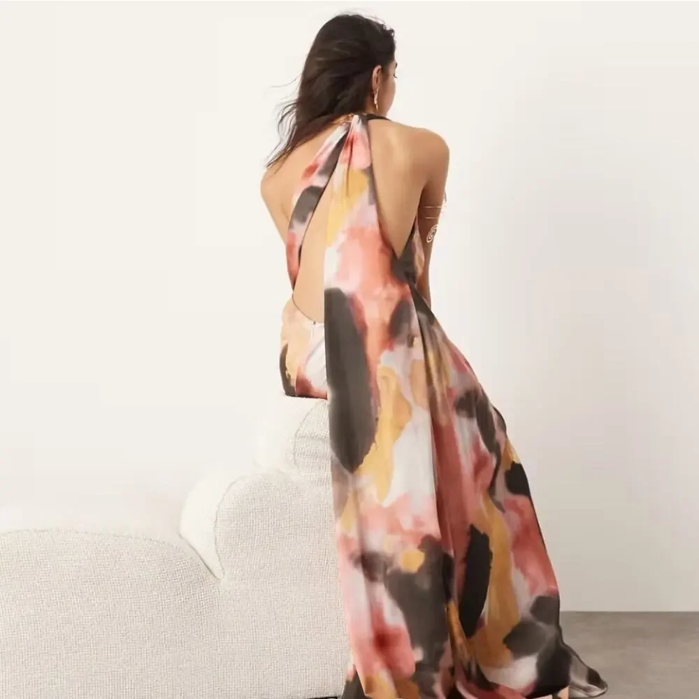 NEW Edition Asos Watercolor Print Satin Halter Maxi‎ Dress 4 Pink Black Tan NWT